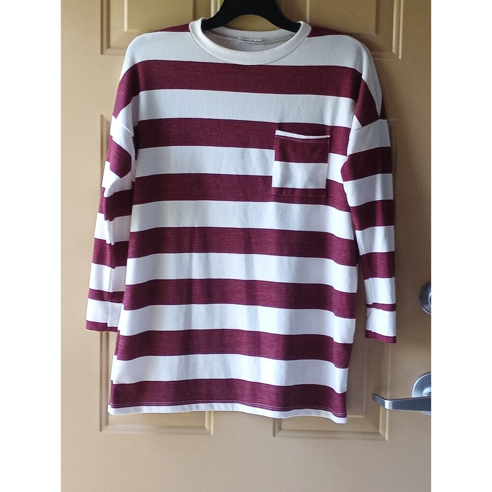Reborn J Burgundy & White Marl Striped Drop Shoulder Tunic Top Pocket Knit Large